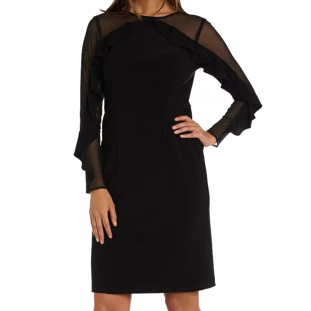 R&M Richards Womens Midi Dress with Ruffled Sleeves & Sheer Details